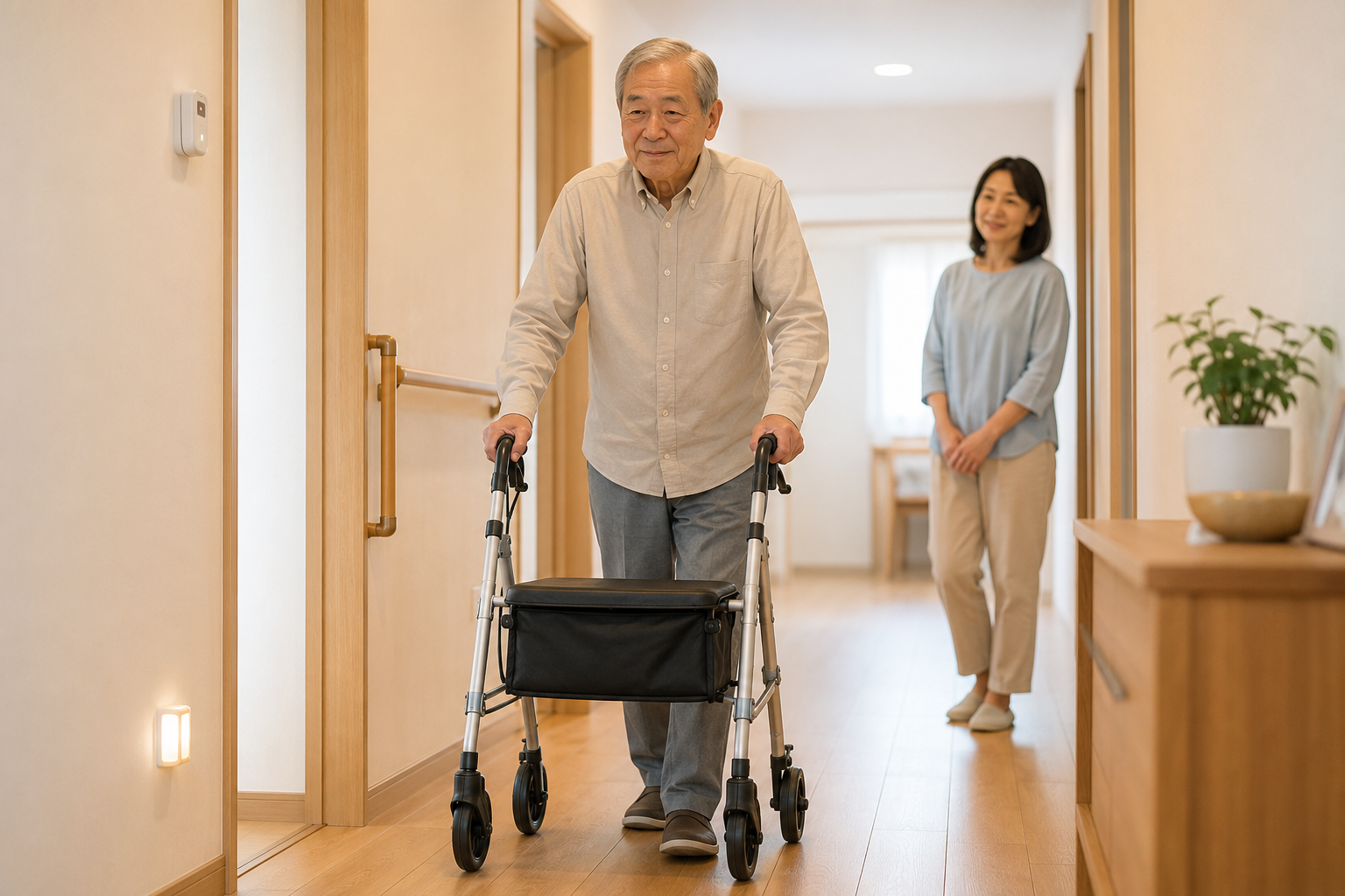 住まいの安全用品を使って移動する日本人の高齢者